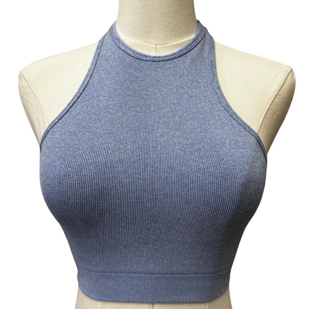 New NUX Women's Blue Ribbed Stretch Active Racerback Crop Tank Top Size S